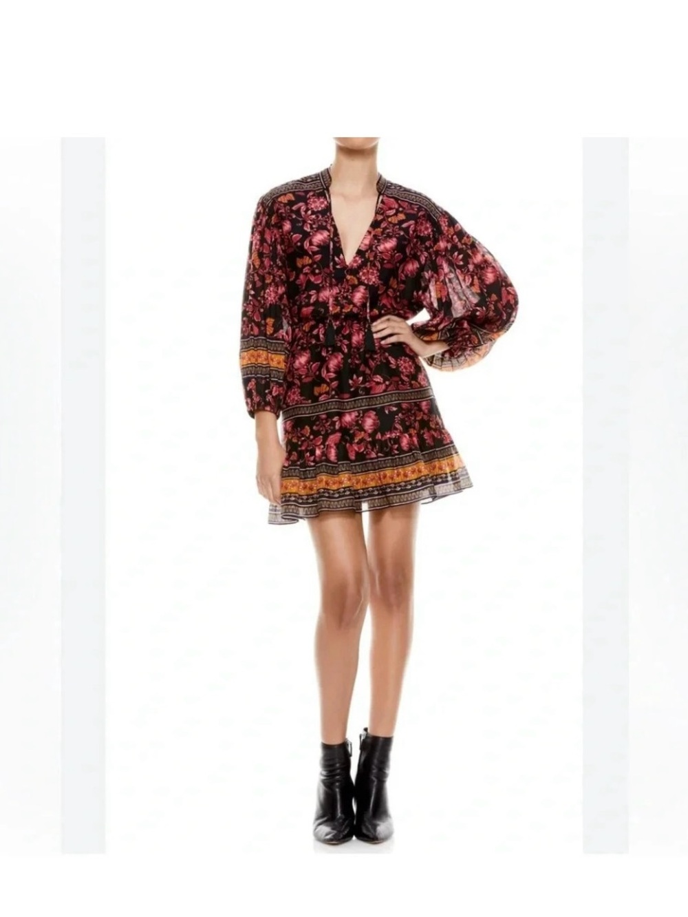 Alice + Olivia Floral Mini Dress Black Red Boho Long Sleeve V-Neck Fit Flare